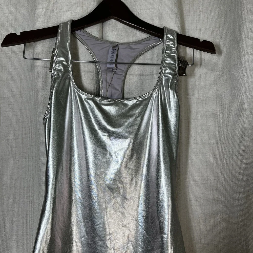 NEW! Skims Women Nickel Silver Metallic‎ Swim Cycle Body Suit Size Small